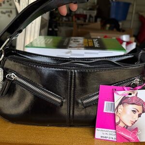 NEW Paris HiltonBlack Faux Leather Shoulder Bag with Zipper Accents